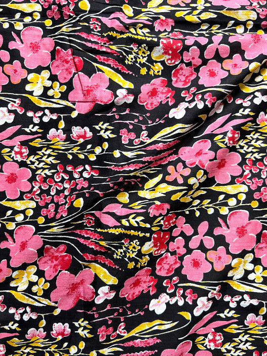 Black Pink Sanganeri Floral Cotton Fabric
