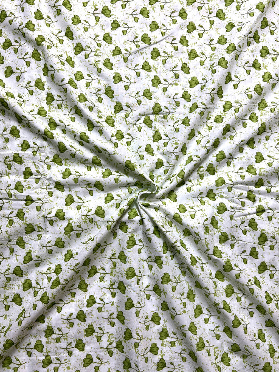 White Green Sanganeri Floral Cotton Fabric