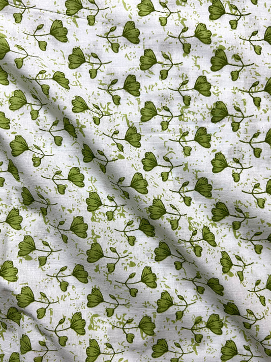 White Green Sanganeri Floral Cotton Fabric