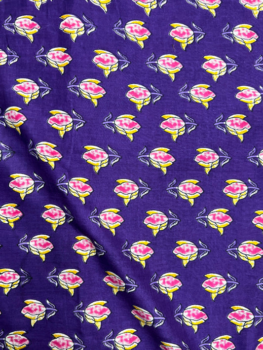Purple Dabu Rose Butti Cotton Fabric