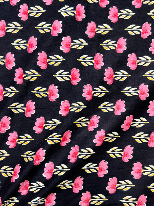 Black Dabu Floral Butti Cotton Fabric