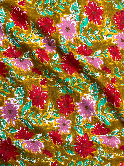 Brown Red Sanganeri Floral Cotton Fabric