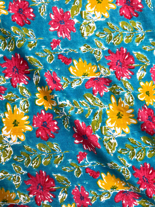 Blue Pink Sanganeri Floral Cotton Fabric