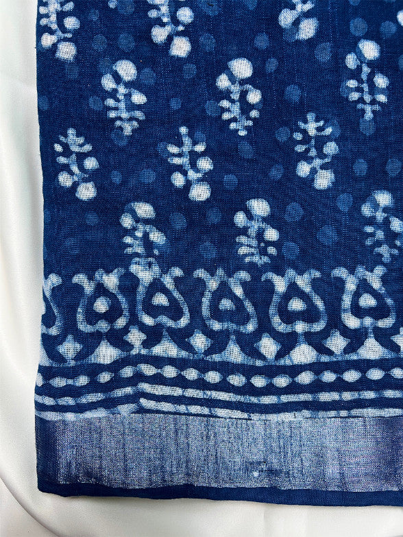 Indigo Jaal Sanganeri Linen Saree