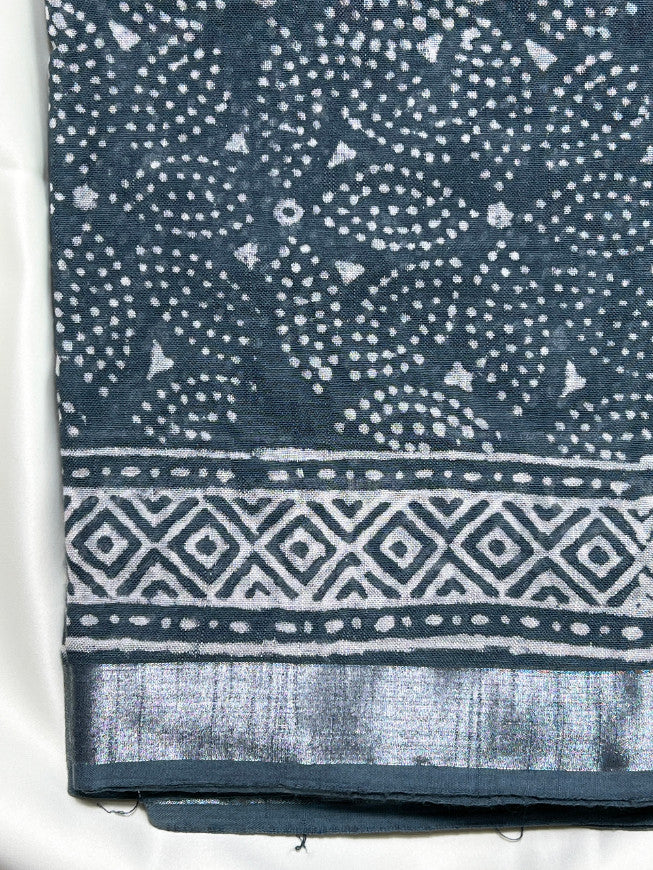 Grey Butti Dabu Linen Saree