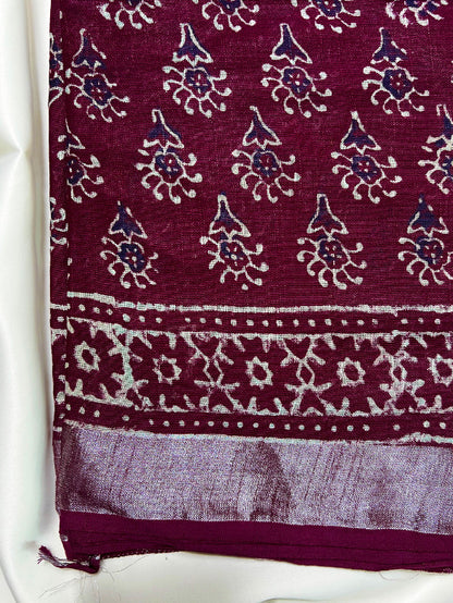 Maroon Jaal Sanganeri Linen Saree