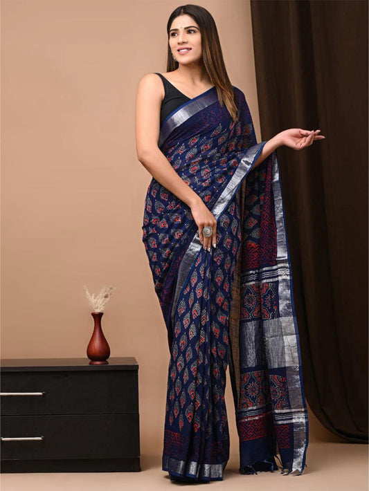 Blue Feather Sanganeri Linen Saree