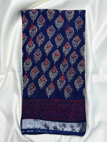 Blue Feather Sanganeri Linen Saree