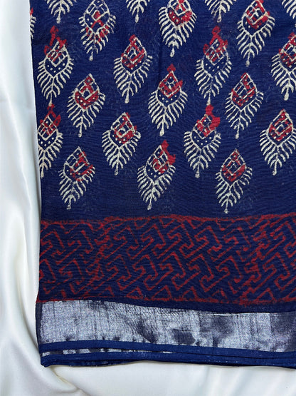 Blue Feather Sanganeri Linen Saree