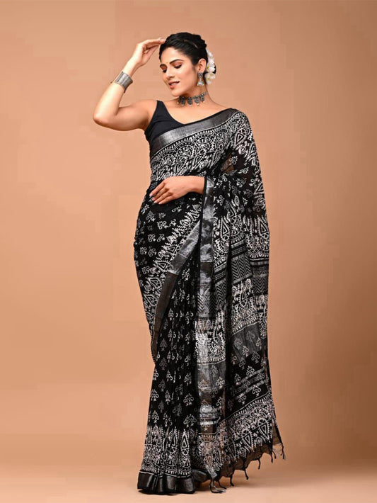 Black Motifs Linen Saree