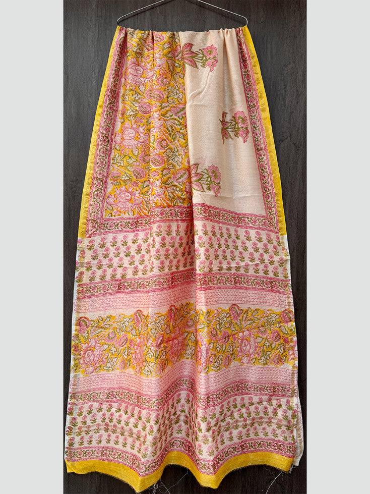 Yellow Pink Sanganeri Chanderi Silk Saree