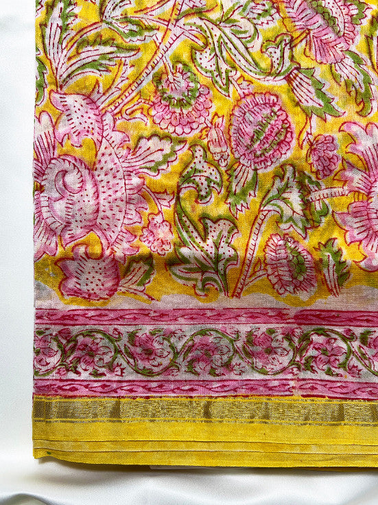 Yellow Pink Sanganeri Chanderi Silk Saree
