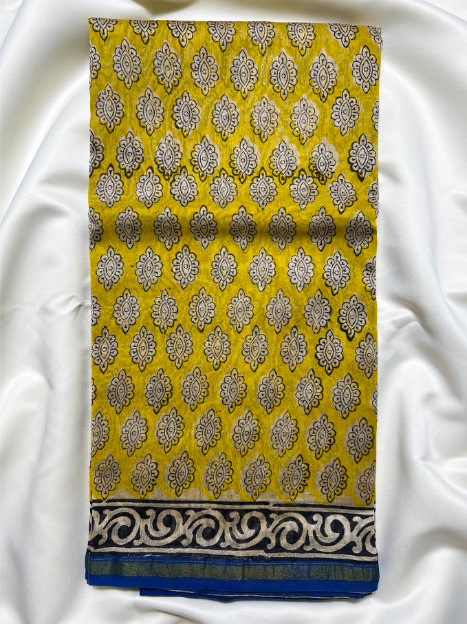 Mustard Dabu Chanderi Silk Saree