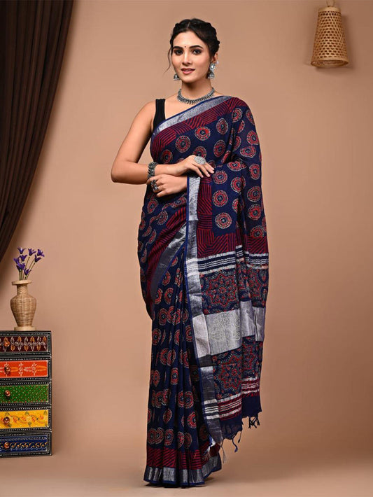 Blue Geometry Kalamkari Linen Saree