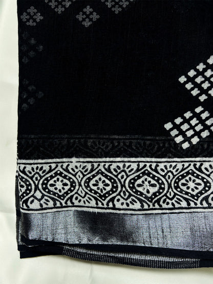 Black Geometry Kalamkari Linen Saree