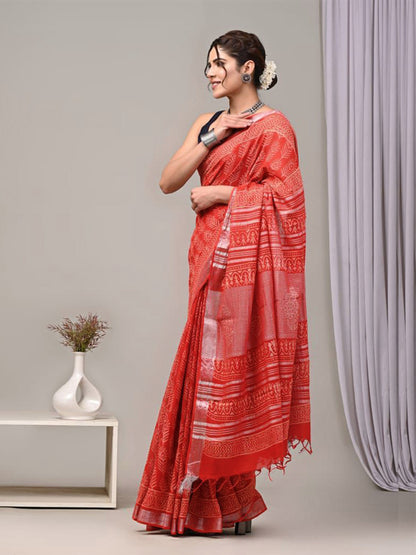 Red Feather Sanganeri Linen Saree