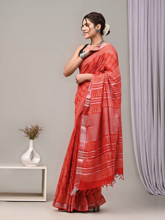 Red Feather Sanganeri Linen Saree