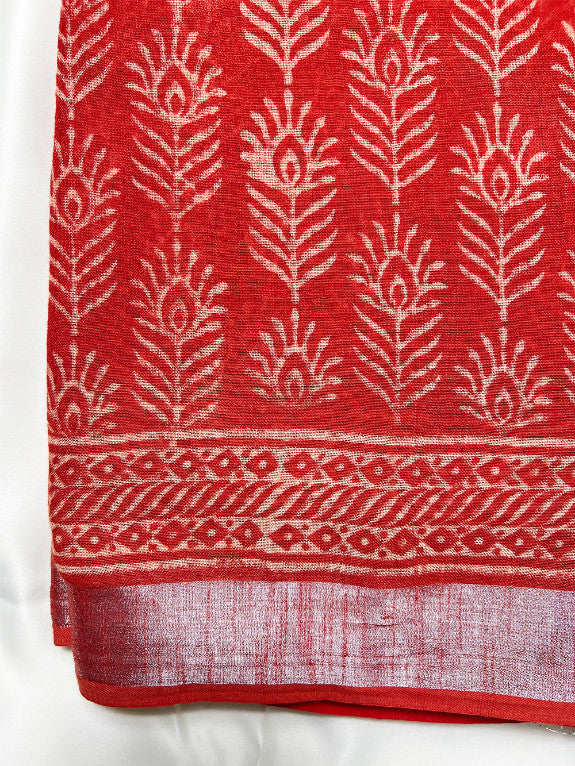 Red Feather Sanganeri Linen Saree