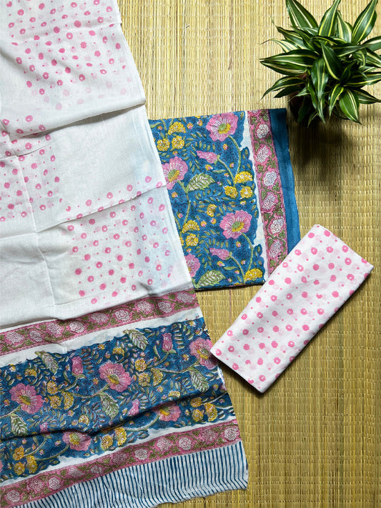 Blue Floral Jaal Kalamkari 3 Piece Cotton Set