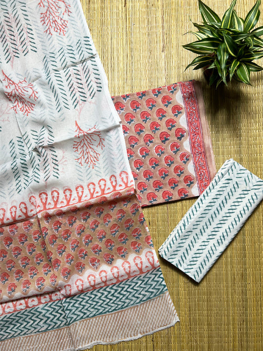 Brown Pink Butti Dabu 3 Piece Cotton Set