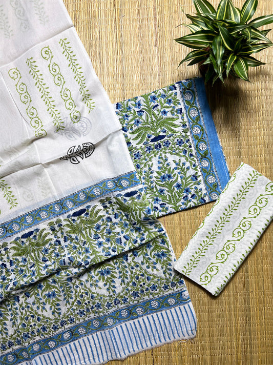 White Blue Jaal Kalamkari 3 Piece Cotton Set