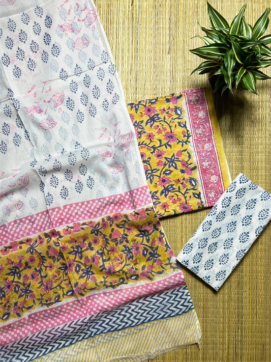 Yellow Floral Jaal Sanganeri 3 Piece Cotton Set