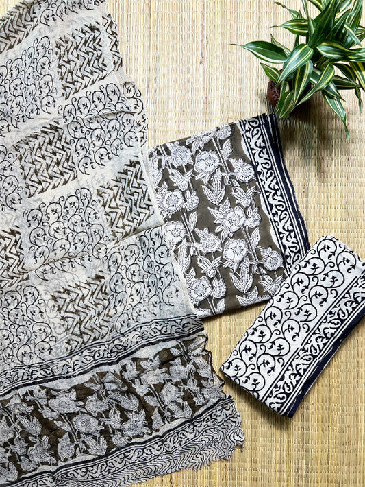 Green Beige Jaal Kalamkari 3 Piece Chiffon Set