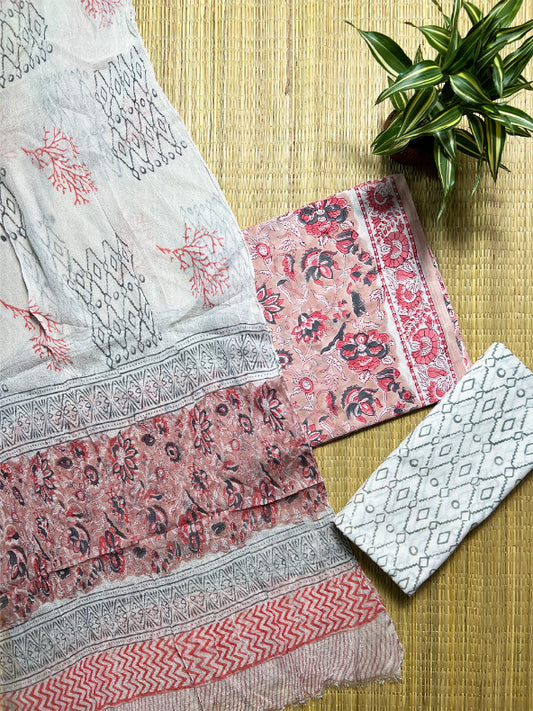 Pink Jaal Kalamkari 3 Piece Chiffon Set