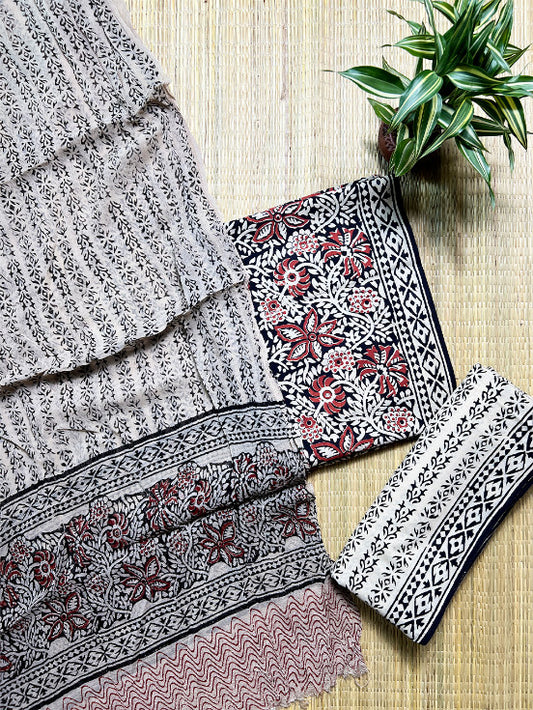 Black Beige Kalamkari 3 Piece Chiffon Set