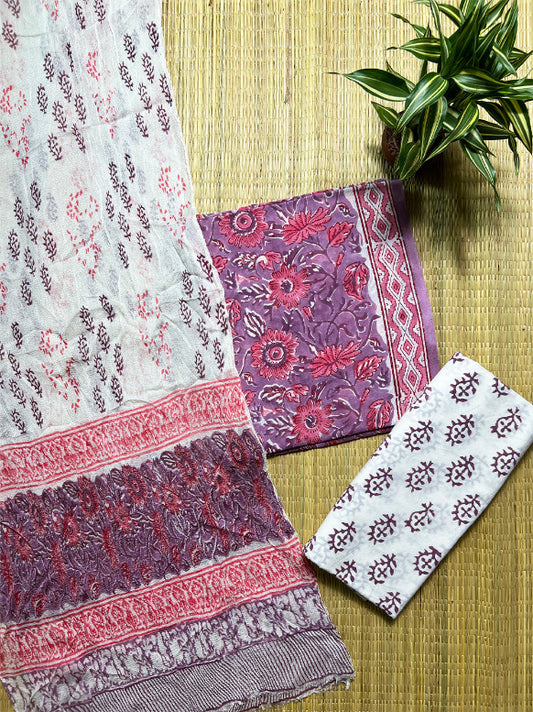 Purple Floral Jaal Sanganeri 3 Piece Chiffon Set