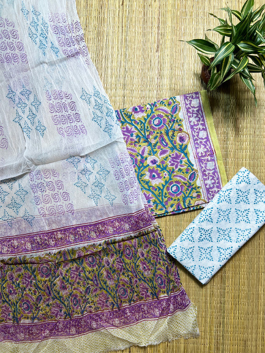 Green Blue Jaal Sanganeri 3 Piece Chiffon Set