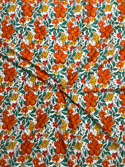 Orange White Sanganeri Floral Jaal Cotton Fabric