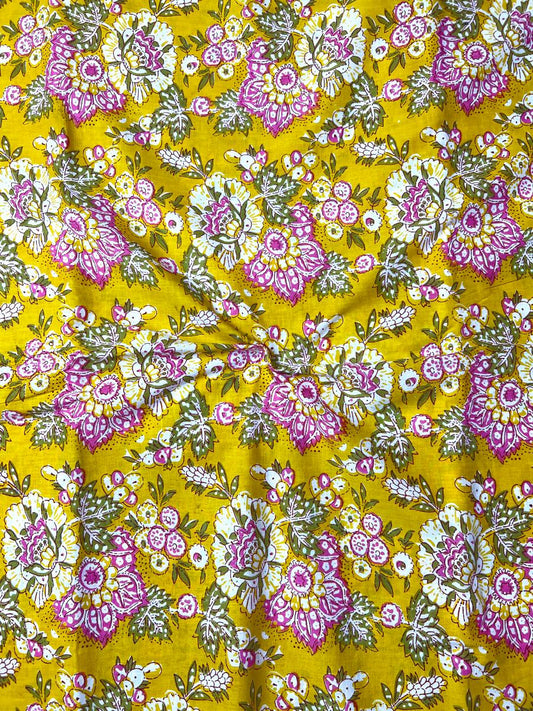 Yellow Sanganeri Floral Jaal Cotton Fabric