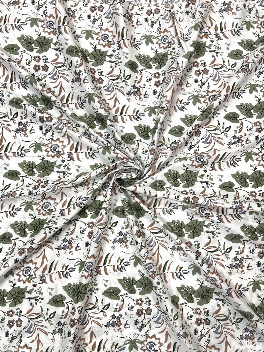 White Green Sanganeri Jaal Cotton Fabric