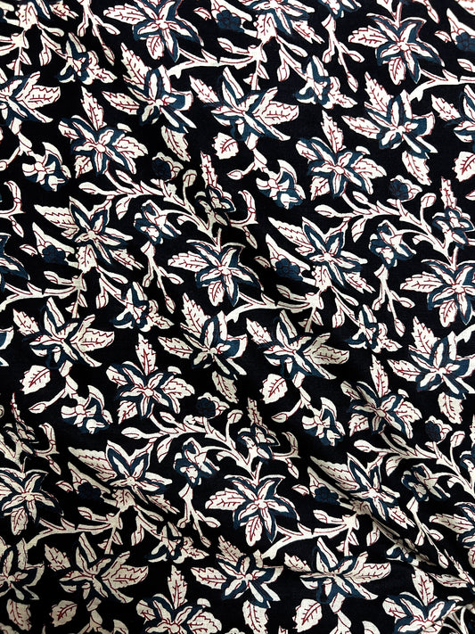 Black Kalamkari Floral Jaal Cotton Fabric