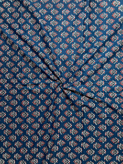 Indigo Ajrak Floral Butti Cotton Fabric
