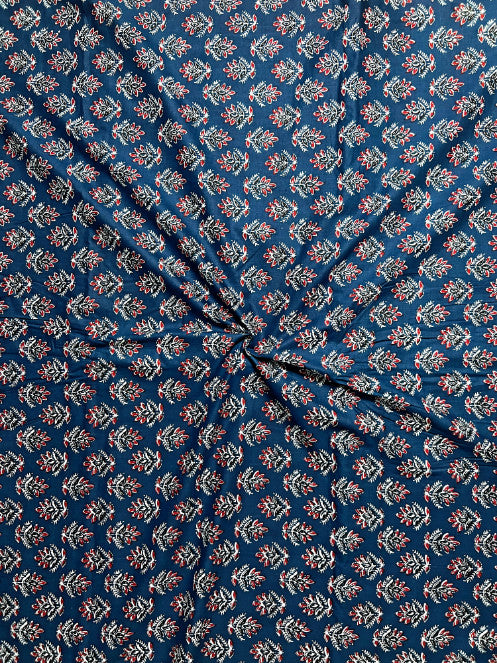Indigo Ajrak Floral Butti Cotton Fabric