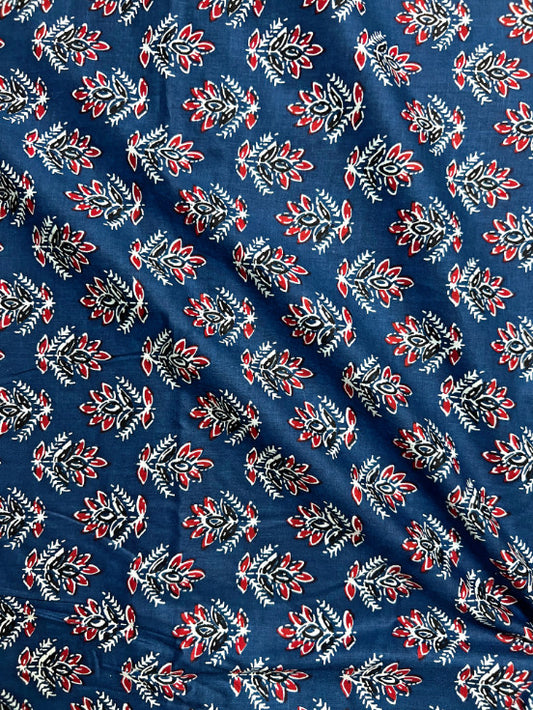 Indigo Ajrak Floral Butti Cotton Fabric