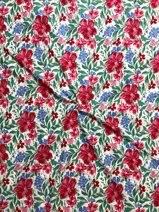 Pink White Sanganeri Floral Jaal Cotton Fabric