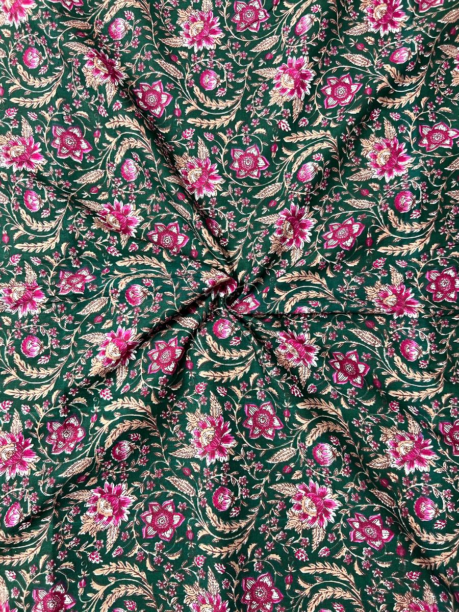 Green Kalamkari Floral Jaal Cotton Fabric