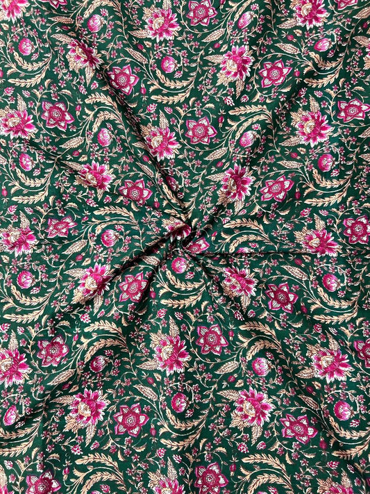 Green Kalamkari Floral Jaal Cotton Fabric