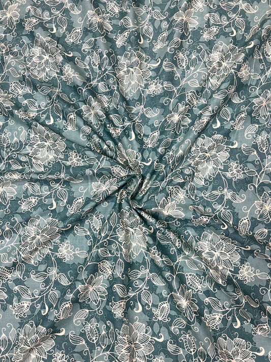 Blue Grey Sanganeri Floral Jaal Cotton Fabric