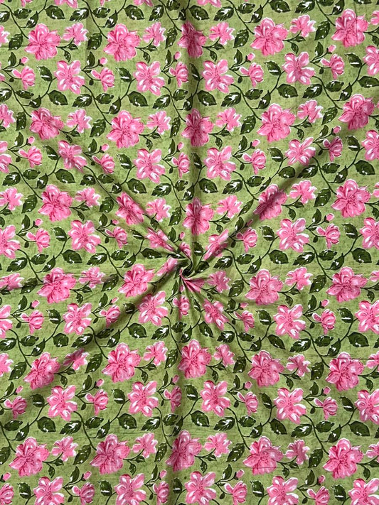 Green Pink Sanganeri Jasmine Cotton Fabric