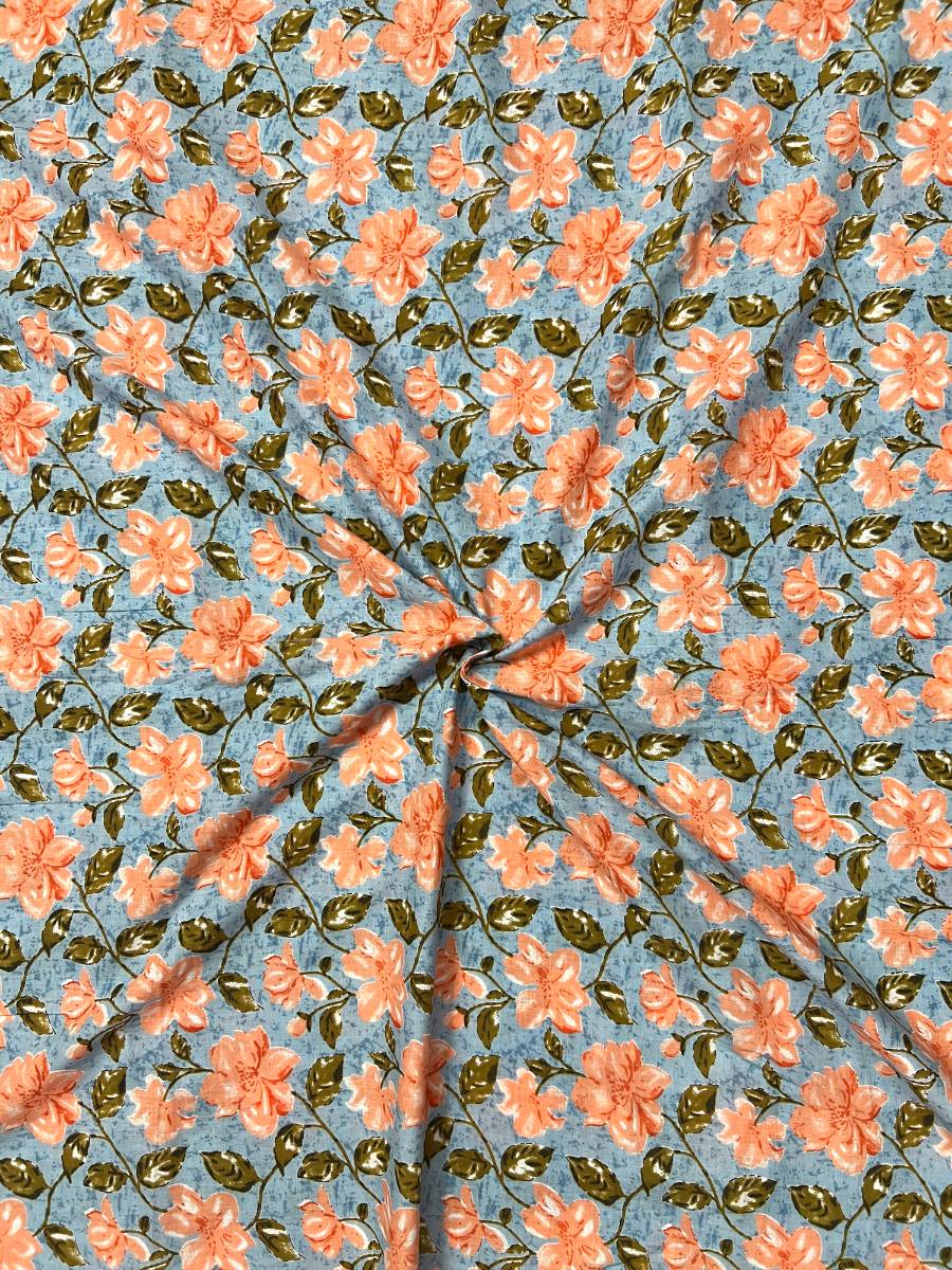 Blue Peach Sanganeri Jasmine Cotton Fabric