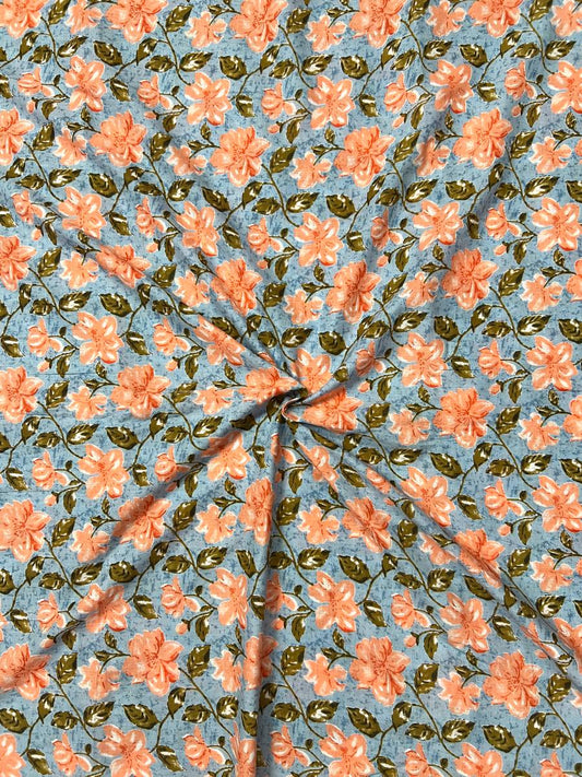 Blue Peach Sanganeri Jasmine Cotton Fabric