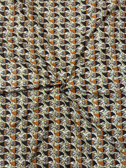 Brown Sanganeri Leaf Motifs Cotton Fabric