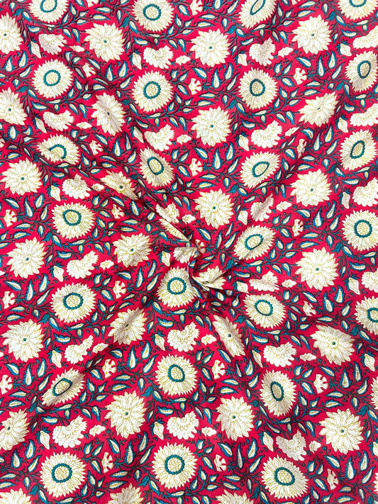 Red Kalamkari Floral Jaal Cotton Fabric