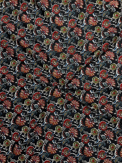 Black Kalamkari Floral Jaal Cotton Fabric