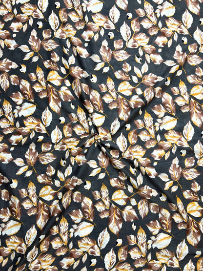 Grey Brown Sanganeri Leaf Cotton Fabric