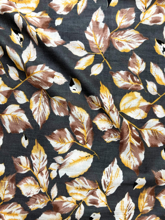 Grey Brown Sanganeri Leaf Cotton Fabric
